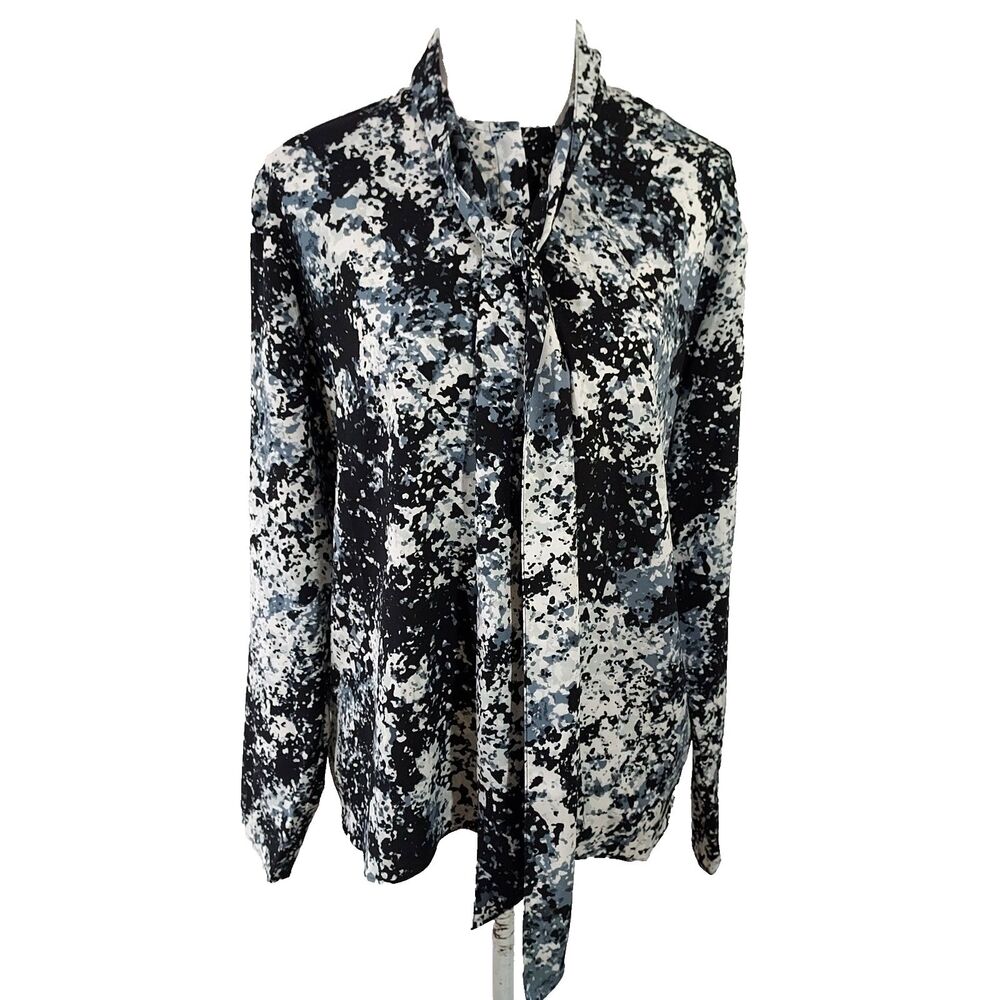 Nordstrom Shirt Top Women Size Medium Button Up Tie Neck Black Gray White Blouse